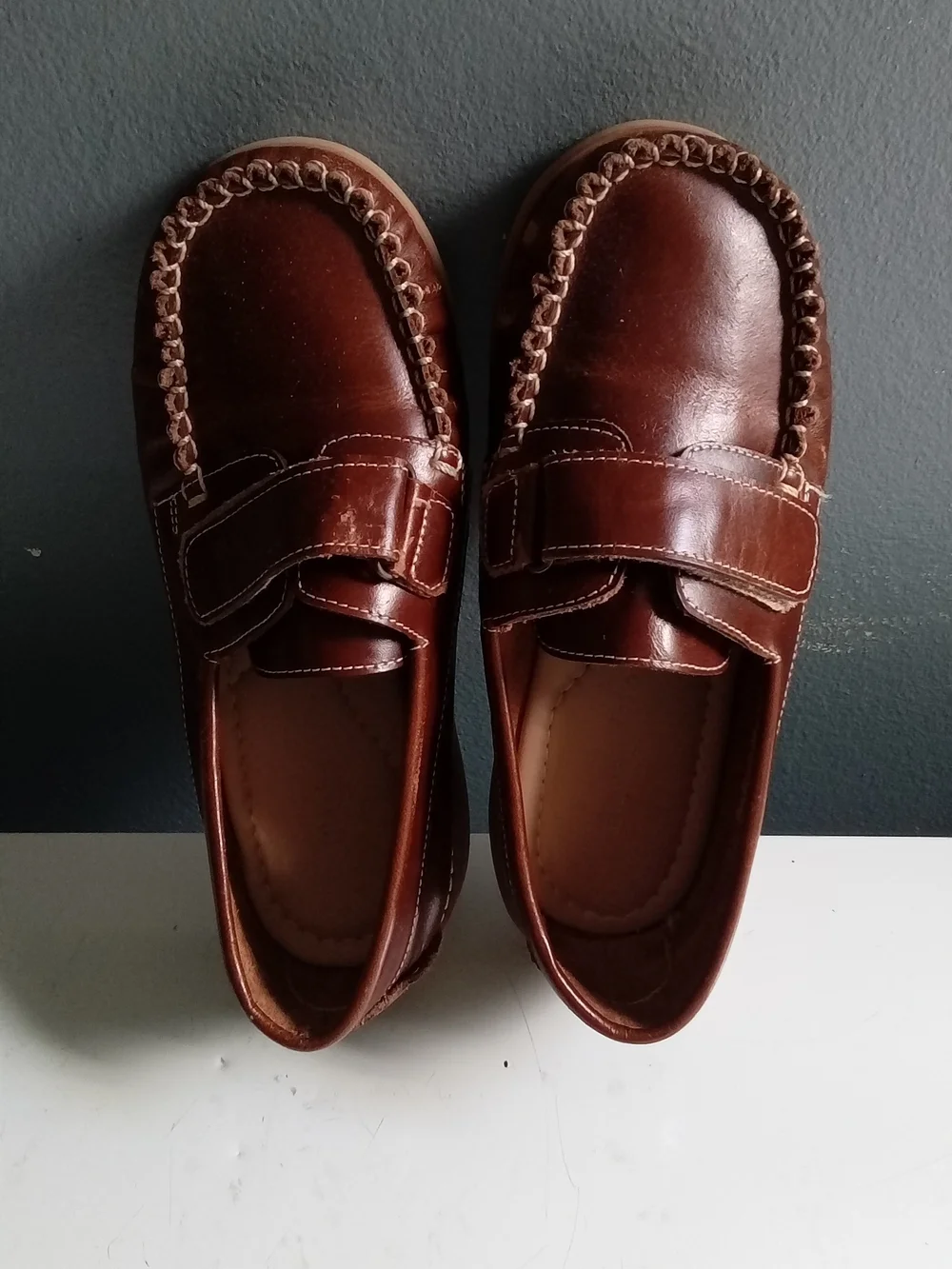 Elephantito Boys Leather Moc Toe Loafers Brown Hook‎ Loop Strap Size 1 EU 31